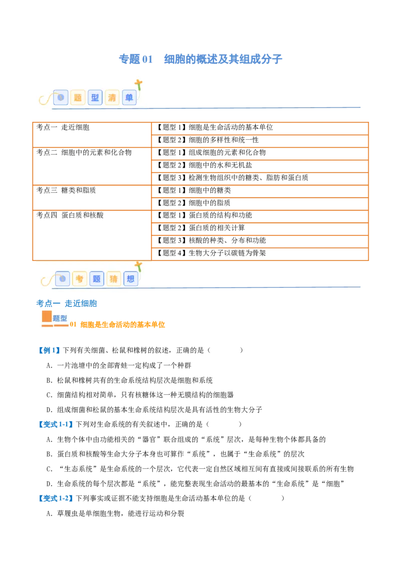 专题01细胞的概述及其组成分子（11大题型）（原卷版）_2025年新高考资料_一轮复习_备战2025年高考生物一轮复习题型全覆盖（新高考通用）