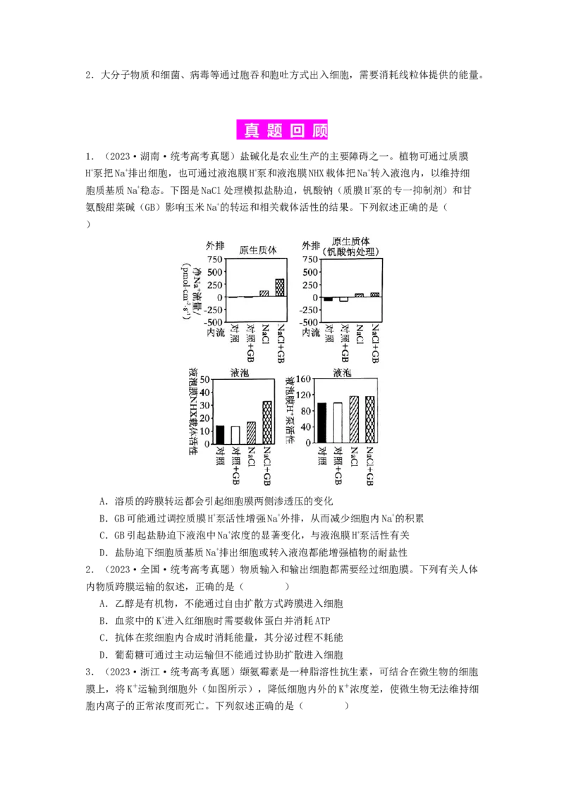 专题07物质的运输（原卷版）_通用版（老高考）复习资料_2024年复习资料_完备战2024年高考生物一轮复习抢分特训（全国通用）