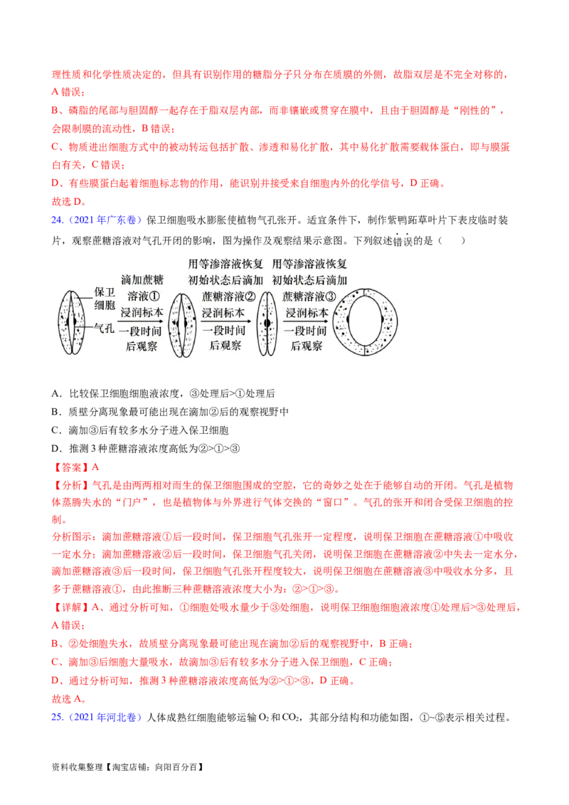 专题03物质运输-学易金卷：五年（2019-2023）高考生物真题分项汇编（全国通用）（解析版）_通用版（老高考）复习资料_2024年复习资料