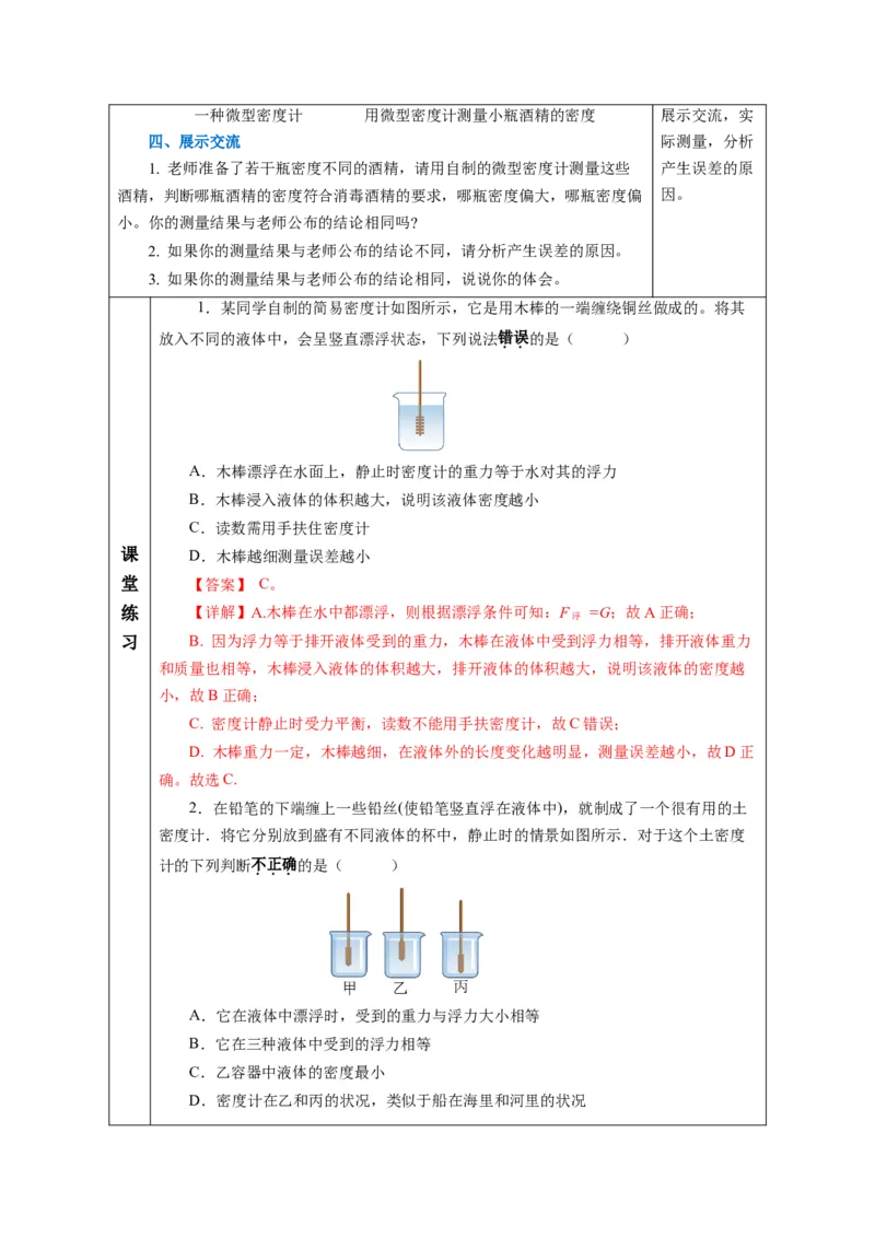 10.4跨学科实践：制作微型密度计（教学设计）-人教版2024）_初物_八年级上下册+九年级全一册物理_八年级物理下册_教学设计（更新中）