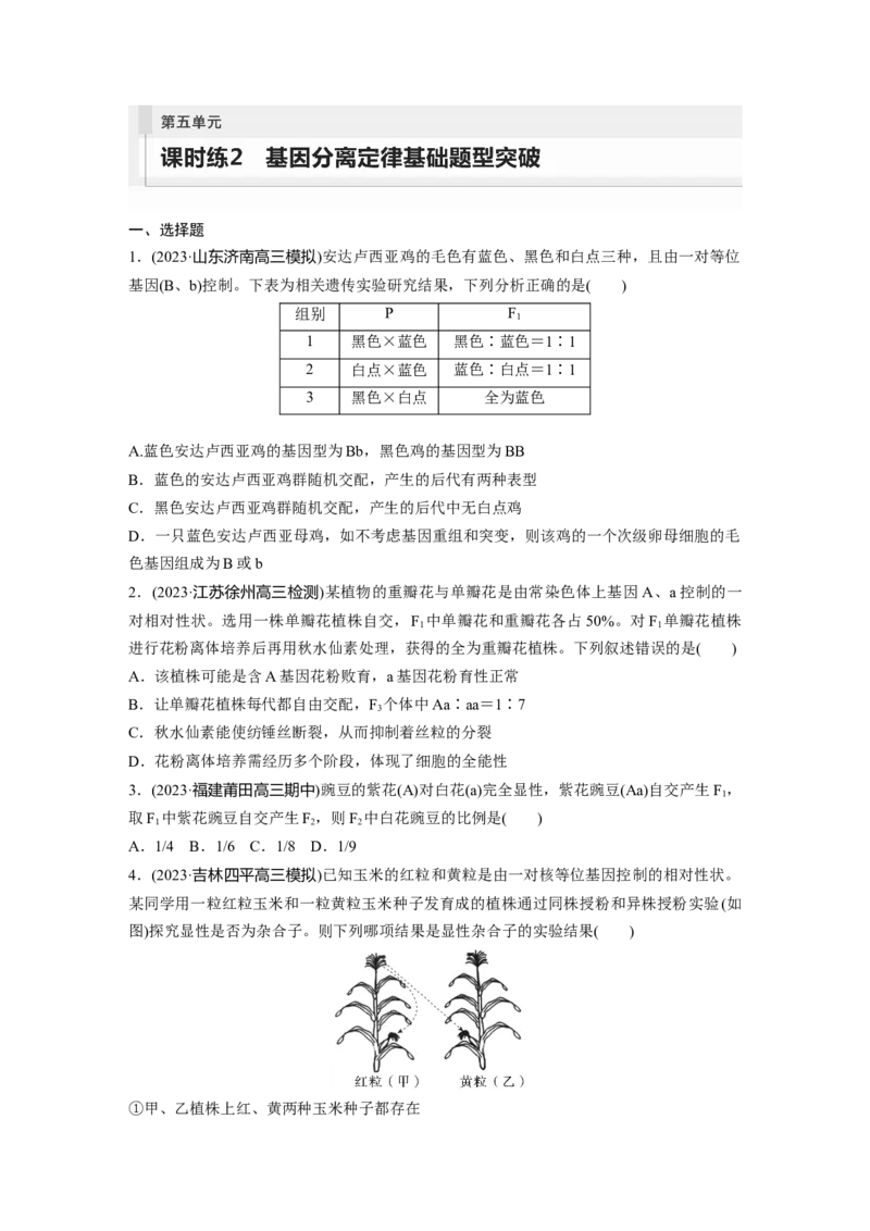 第5单元　课时练2　基因分离定律基础题型突破_2024年新高考资料_1.2024一轮复习_2024年高考生物一轮复习讲义（新人教版）_学生版在此文件夹_一轮复习69练_第五单元　基因的传递规律