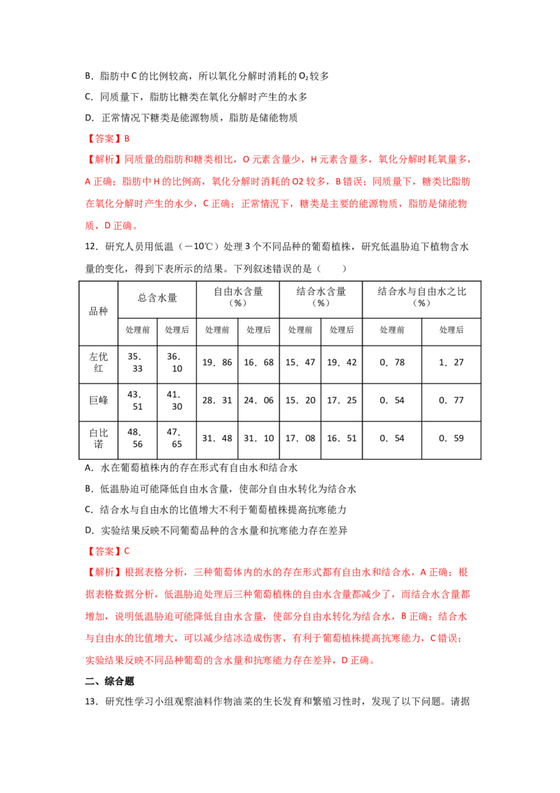 专题02细胞中的无机物、糖类与脂质（教师版）_新高考复习资料_2023年新高考复习资料_二轮复习_增分要点2023高考生物二轮复习专题解读和分层训练291073137