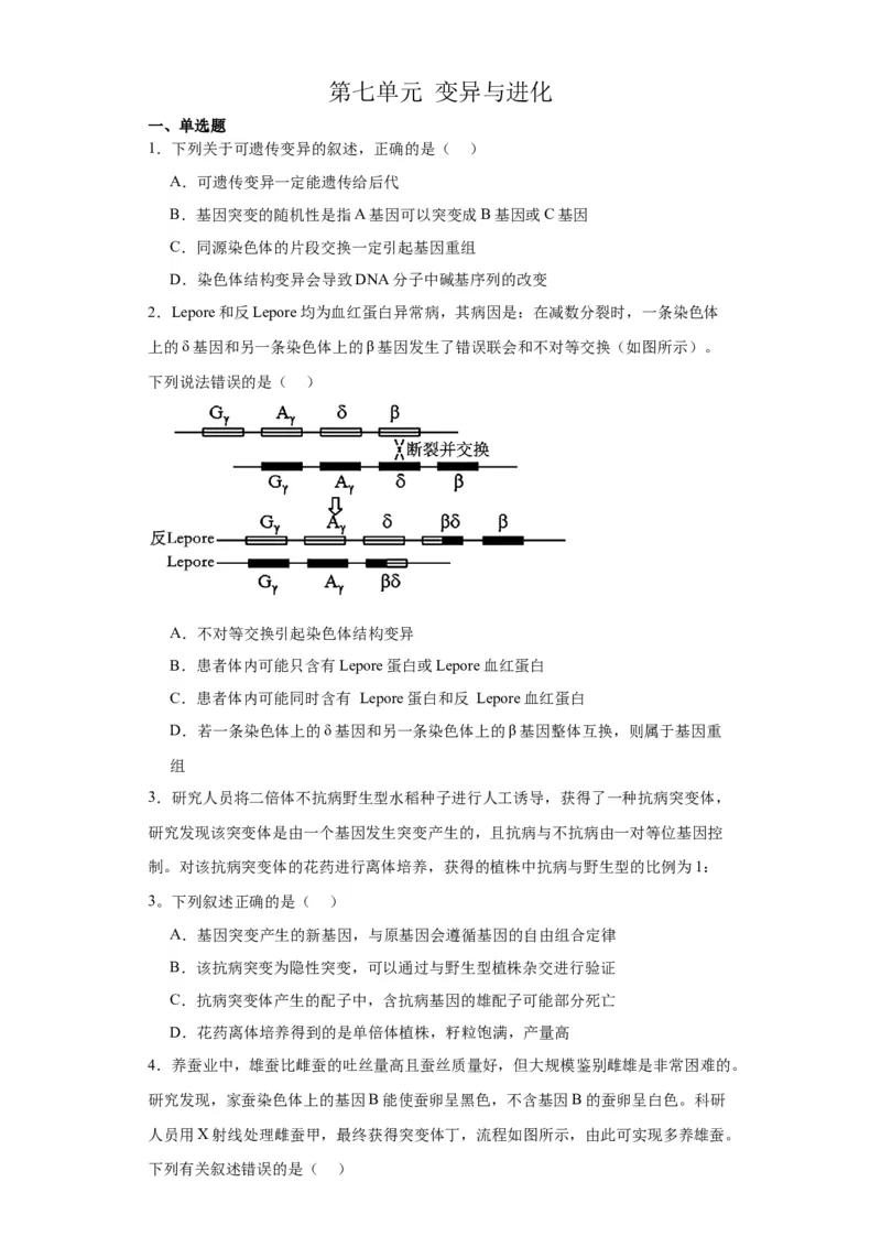 第七单元变异与进化（测试卷）（原卷版)_2024年新高考资料_3.2024专项复习_备战2024年高考生物一轮复习重难点专项突破