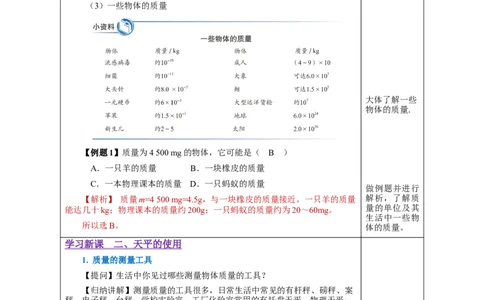 6.1质量（教学设计）-（人教版）_初物_八年级上下册+九年级全一册物理_八年级物理上册_老课标资料_教学设计