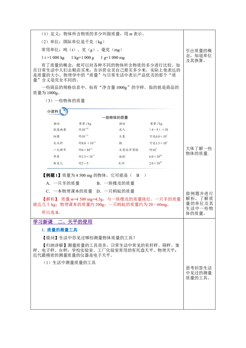 6.1质量（教学设计）-（人教版）_初物_八年级上下册+九年级全一册物理_八年级物理上册_老课标资料_教学设计