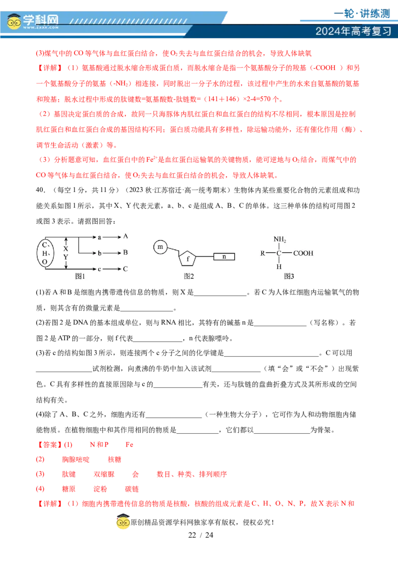第一单元细胞的概述及其分子组成（解析版）_2024年新高考资料_1.2024一轮复习_2024年高考生物一轮复习讲练测（新教材新高考）