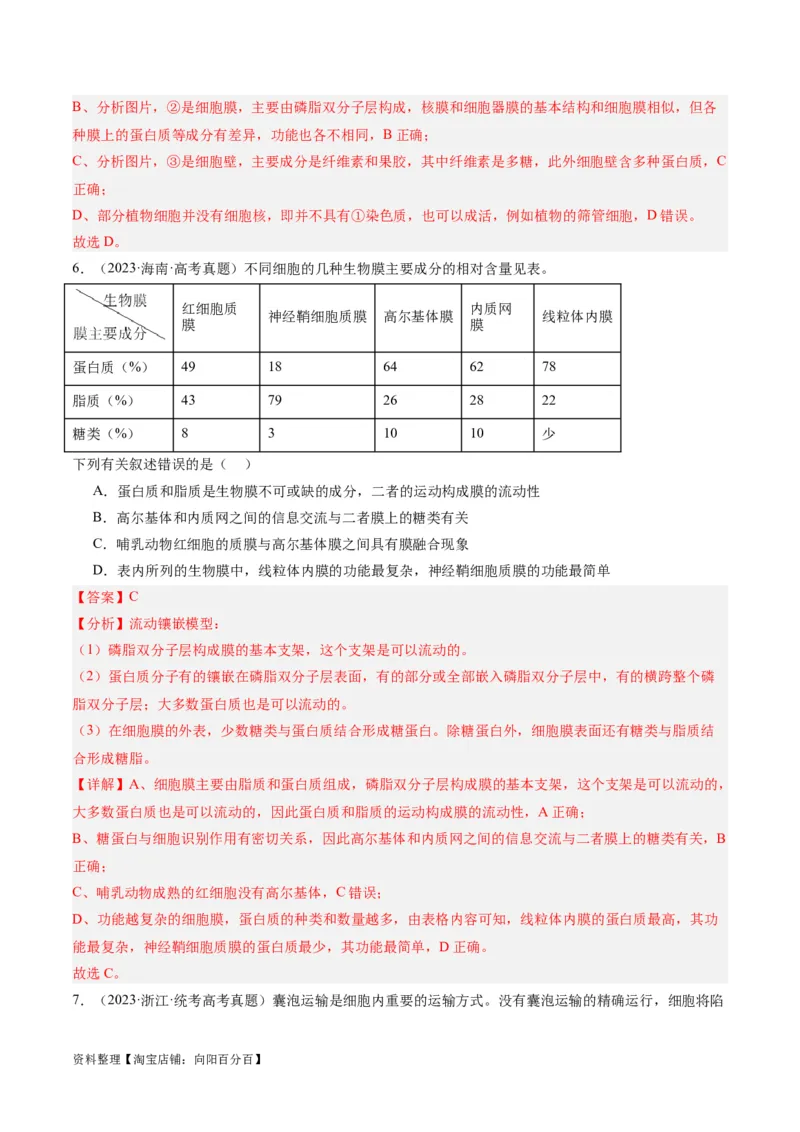 专题01细胞的分子组成、结构和物质运输（分层练）（解析版）_新高考复习资料_2024年新高考复习资料_二轮复习资料_分层练_教师版（含答案解析）