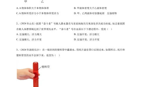 2024年中考物理分类汇编---浮力_8、物理总复习_2025年中考复习资料_备考20252024年中考物理真题分类汇编（原卷版+解析版）_10、浮力（原卷版+解析版）备考2025年中考2024物理真题分类汇编