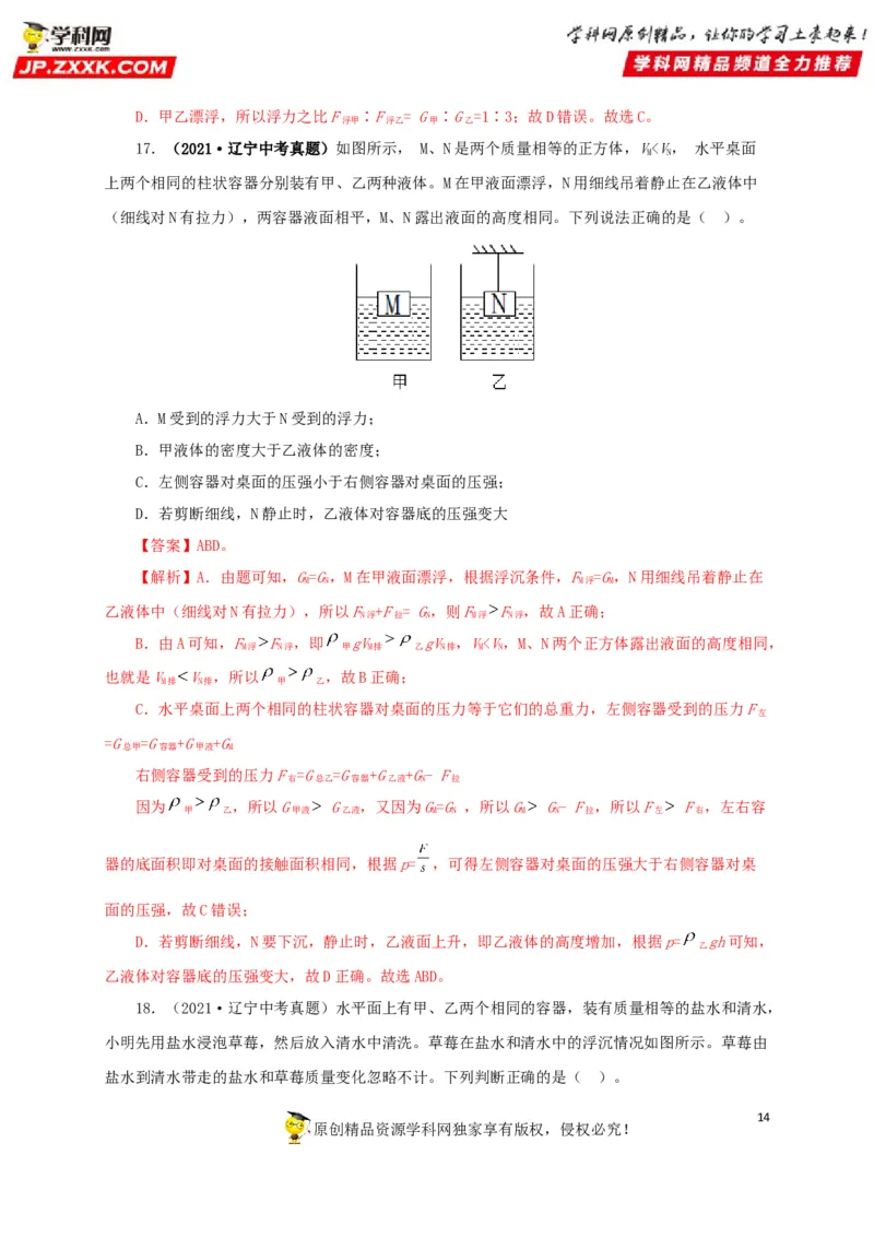 专项二压强、浮力综合（解析版）_8、物理总复习_8.中考物理总复习_2022年中考复习资料_三年（2019-2021）中考真题物理分项汇编（全国通用）
