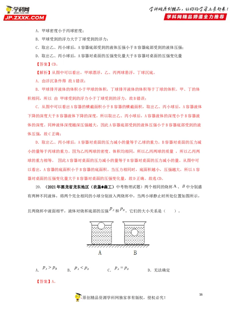 专项二压强、浮力综合（解析版）_8、物理总复习_8.中考物理总复习_2022年中考复习资料_三年（2019-2021）中考真题物理分项汇编（全国通用）