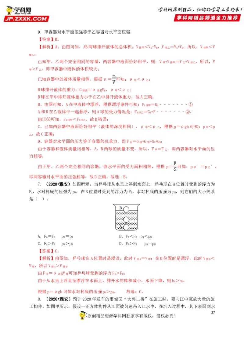 专项二压强、浮力综合（解析版）_8、物理总复习_8.中考物理总复习_2022年中考复习资料_三年（2019-2021）中考真题物理分项汇编（全国通用）