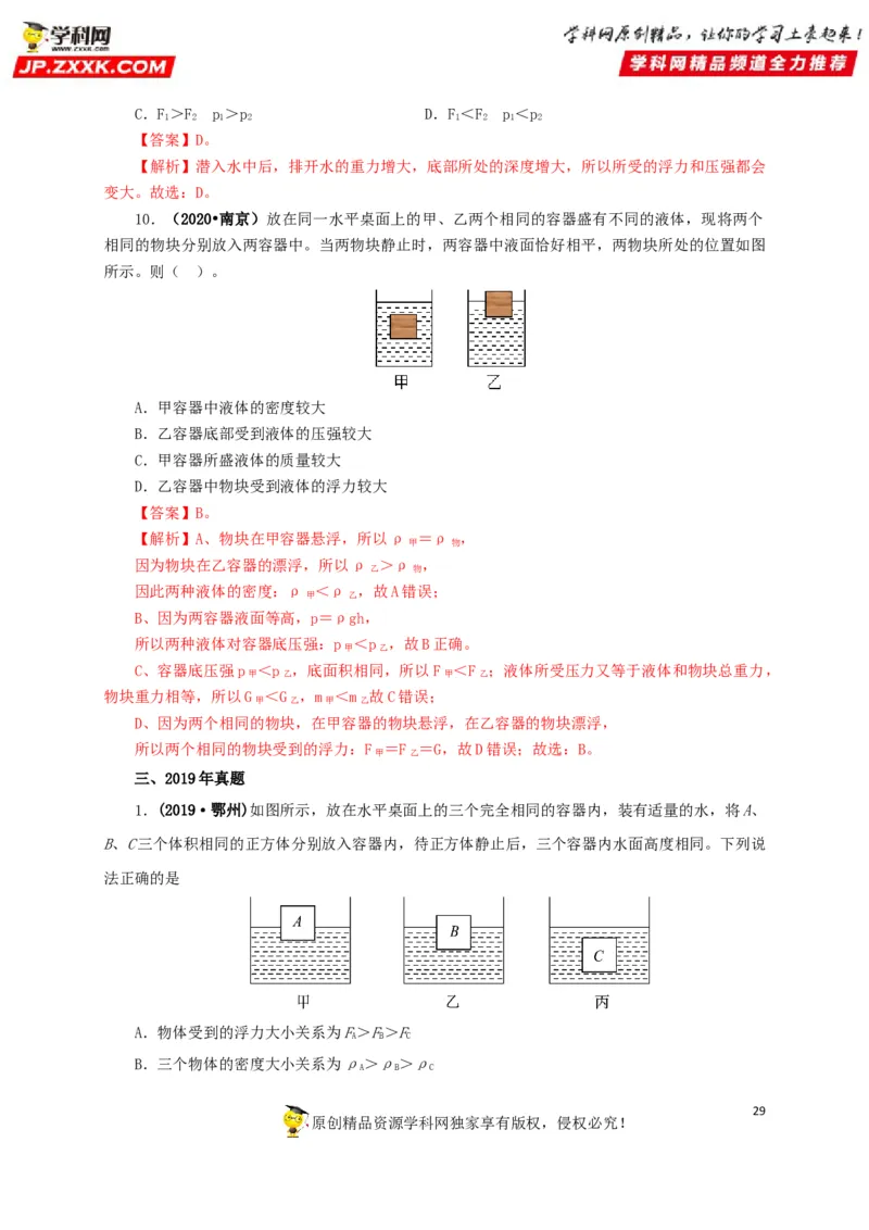 专项二压强、浮力综合（解析版）_8、物理总复习_8.中考物理总复习_2022年中考复习资料_三年（2019-2021）中考真题物理分项汇编（全国通用）