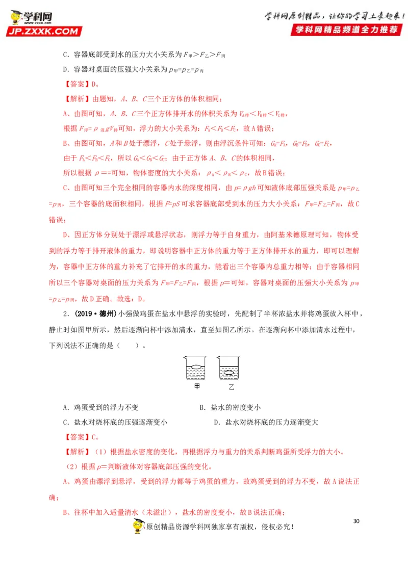 专项二压强、浮力综合（解析版）_8、物理总复习_8.中考物理总复习_2022年中考复习资料_三年（2019-2021）中考真题物理分项汇编（全国通用）