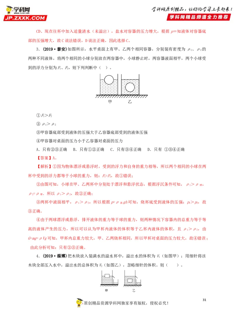 专项二压强、浮力综合（解析版）_8、物理总复习_8.中考物理总复习_2022年中考复习资料_三年（2019-2021）中考真题物理分项汇编（全国通用）