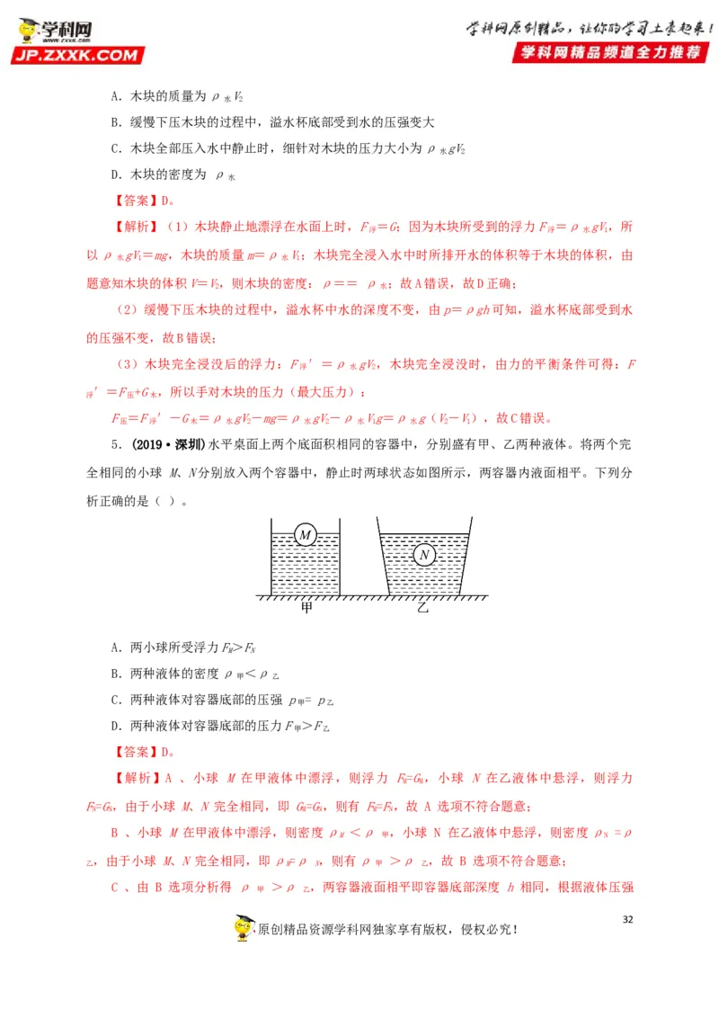 专项二压强、浮力综合（解析版）_8、物理总复习_8.中考物理总复习_2022年中考复习资料_三年（2019-2021）中考真题物理分项汇编（全国通用）