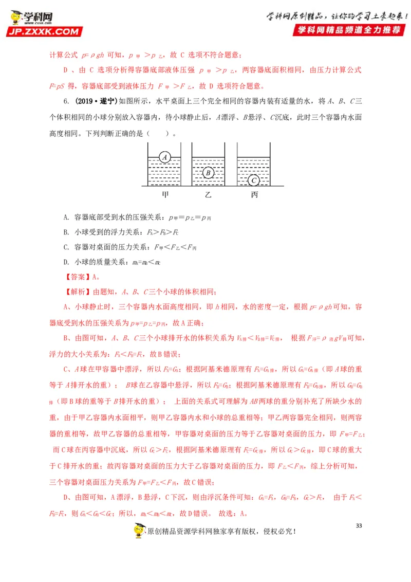专项二压强、浮力综合（解析版）_8、物理总复习_8.中考物理总复习_2022年中考复习资料_三年（2019-2021）中考真题物理分项汇编（全国通用）