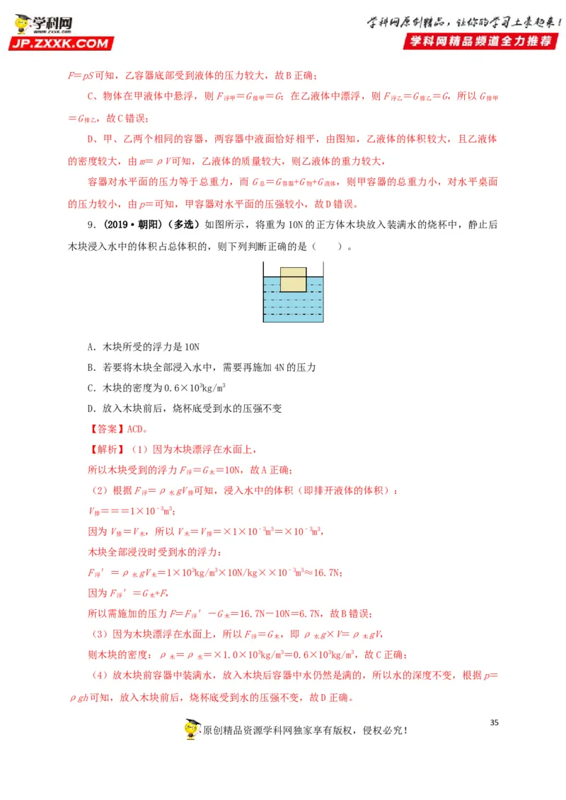 专项二压强、浮力综合（解析版）_8、物理总复习_8.中考物理总复习_2022年中考复习资料_三年（2019-2021）中考真题物理分项汇编（全国通用）