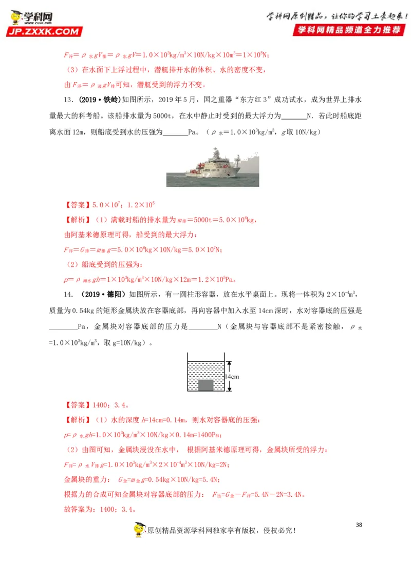 专项二压强、浮力综合（解析版）_8、物理总复习_8.中考物理总复习_2022年中考复习资料_三年（2019-2021）中考真题物理分项汇编（全国通用）