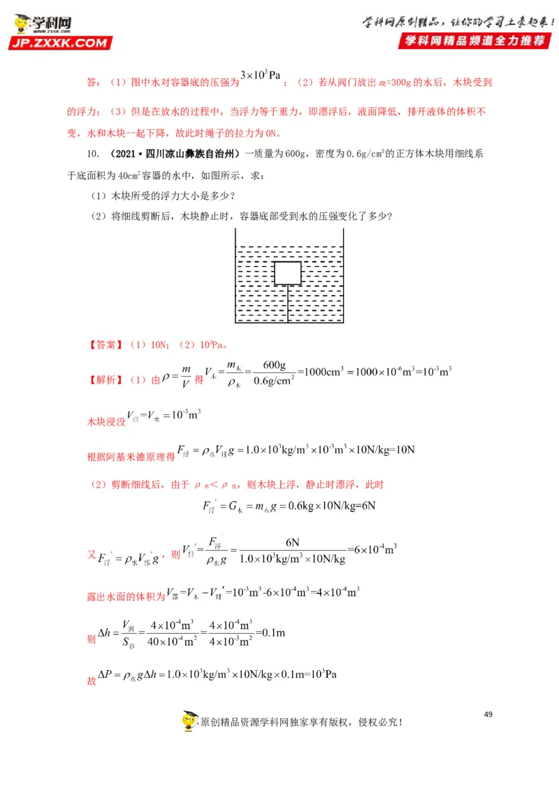 专项二压强、浮力综合（解析版）_8、物理总复习_8.中考物理总复习_2022年中考复习资料_三年（2019-2021）中考真题物理分项汇编（全国通用）
