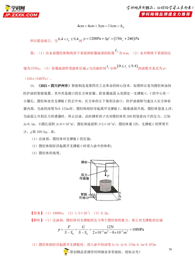 专项二压强、浮力综合（解析版）_8、物理总复习_8.中考物理总复习_2022年中考复习资料_三年（2019-2021）中考真题物理分项汇编（全国通用）