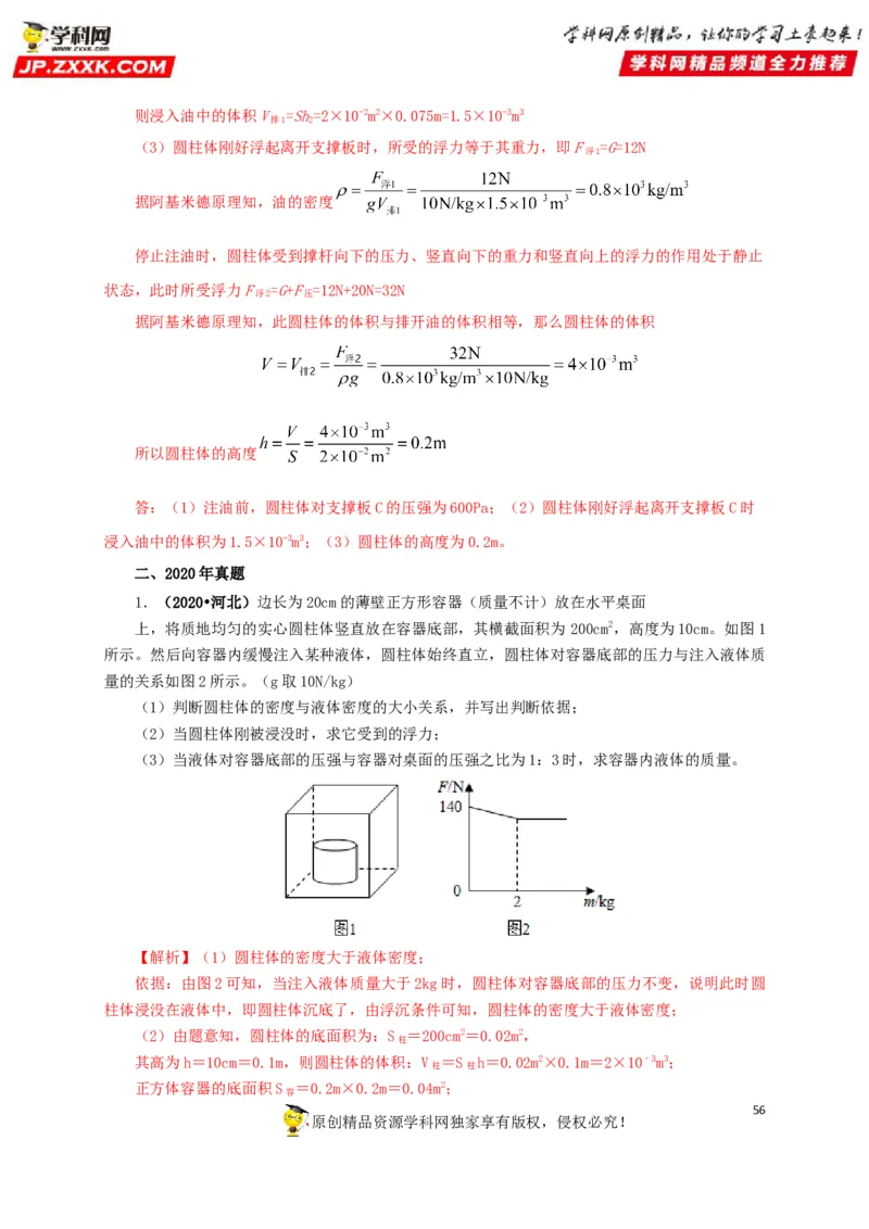 专项二压强、浮力综合（解析版）_8、物理总复习_8.中考物理总复习_2022年中考复习资料_三年（2019-2021）中考真题物理分项汇编（全国通用）