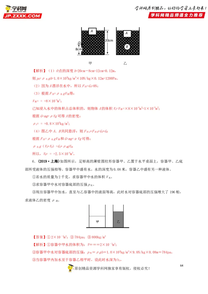 专项二压强、浮力综合（解析版）_8、物理总复习_8.中考物理总复习_2022年中考复习资料_三年（2019-2021）中考真题物理分项汇编（全国通用）