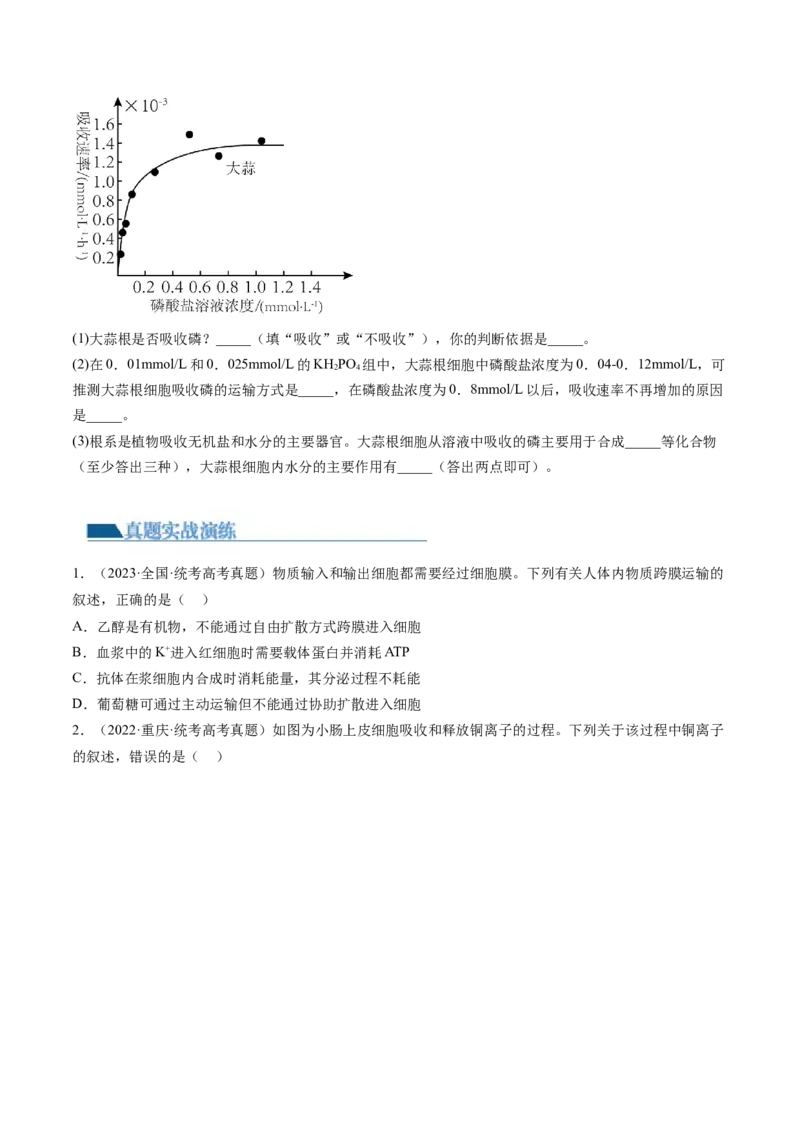 第7讲物质运输（第2课时物质输入和输出的方式）（练习）（原卷版）_2024年新高考资料_1.2024一轮复习_2024年高考生物一轮复习讲练测（新教材新高考）