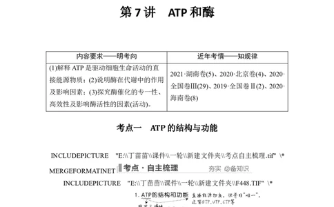 第7讲ATP和酶_2024年新高考资料_1.2024一轮复习_2024年高考生物一轮复习讲义（新人教版）_另附1套Word版题库_必修1_第三单元细胞的能量供应和利用