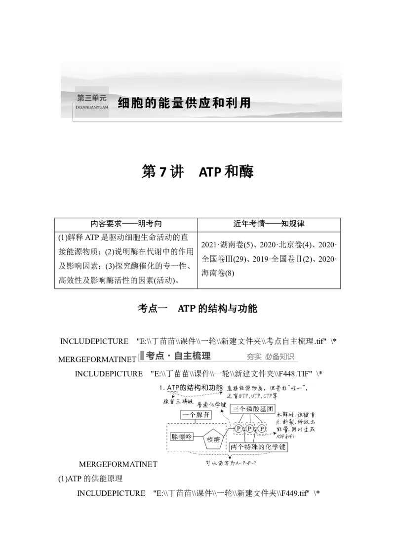 第7讲ATP和酶_2024年新高考资料_1.2024一轮复习_2024年高考生物一轮复习讲义（新人教版）_另附1套Word版题库_必修1_第三单元细胞的能量供应和利用