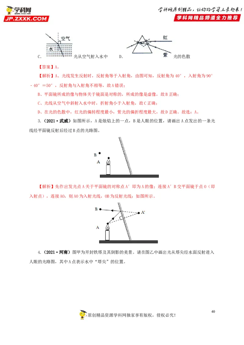 专题02光现象（解析版）_8、物理总复习_8.中考物理总复习_2022年中考复习资料_三年（2019-2021）中考真题物理分项汇编（全国通用）