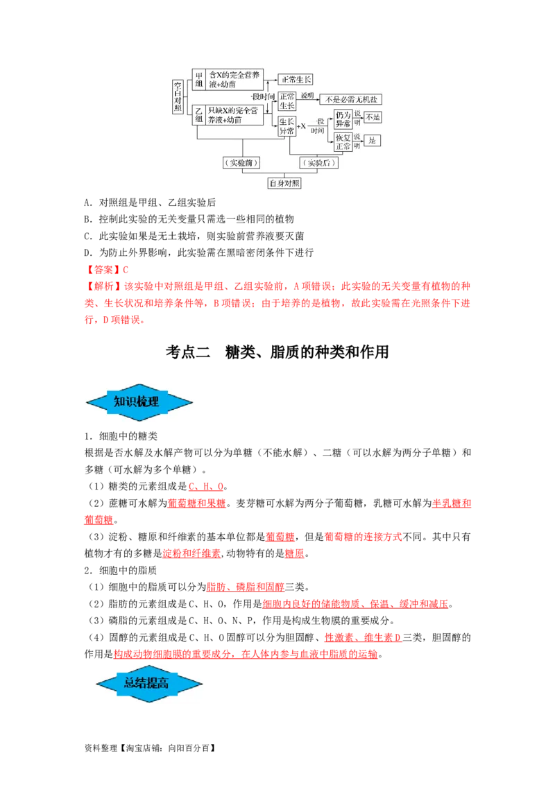 专题02细胞中的无机物、糖类和脂质（串讲）（解析版）_新高考复习资料_2024年新高考复习资料_一轮复习资料_完备战2024年高考生物一轮复习串讲精练（新高考专用）_串讲_解析版