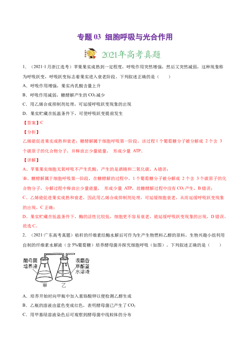 专题03细胞呼吸与光合作用-2021年高考真题和模拟题生物分项汇编（解析版）_新高考复习资料_2022年新高考复习资料_2021年高考真题和模拟题生物分项汇编7.30更新