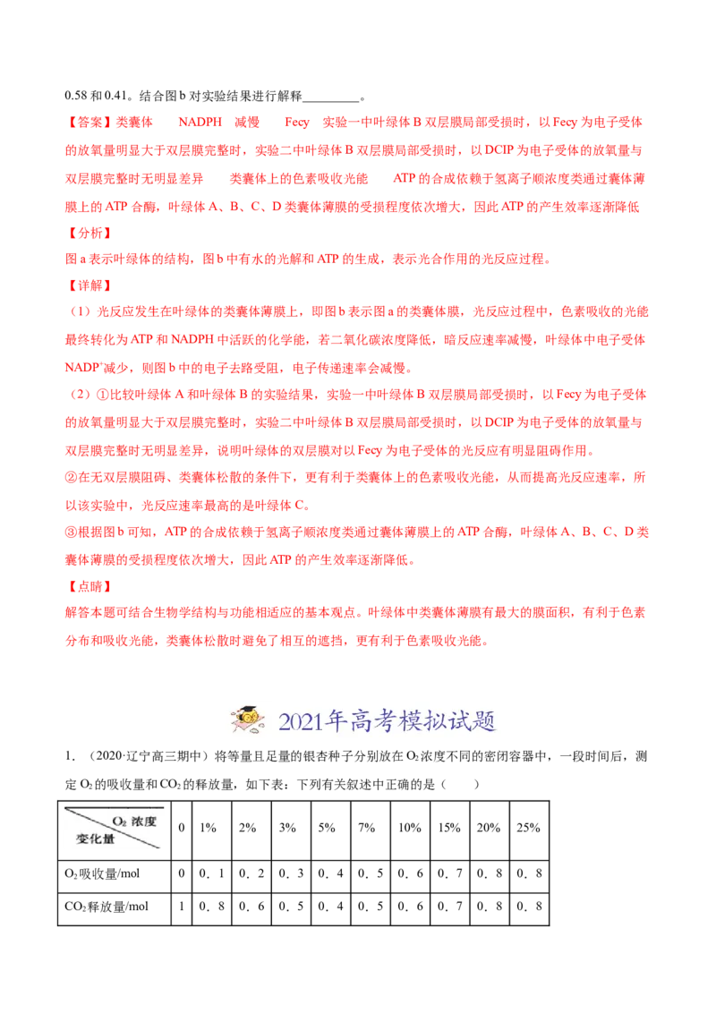 专题03细胞呼吸与光合作用-2021年高考真题和模拟题生物分项汇编（解析版）_新高考复习资料_2022年新高考复习资料_2021年高考真题和模拟题生物分项汇编7.30更新