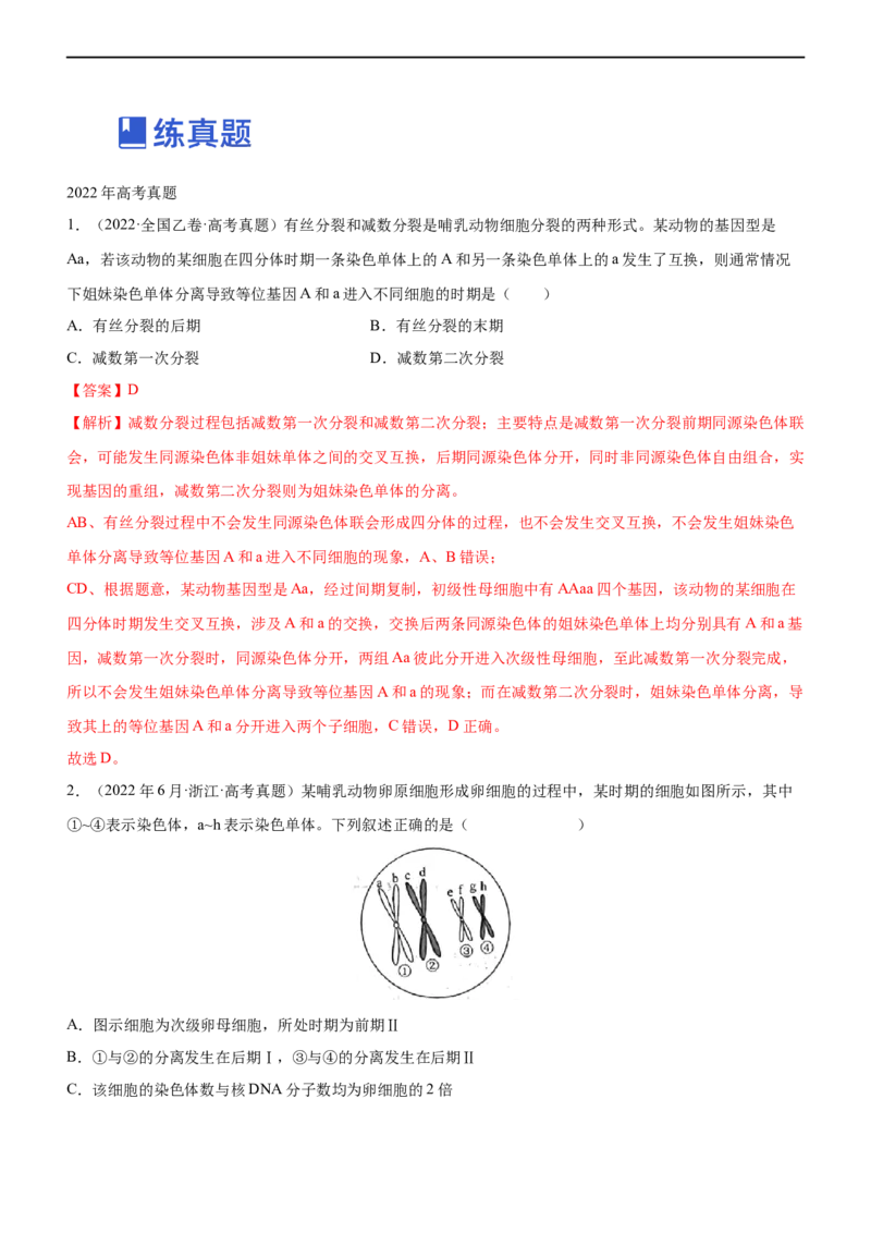专题06减数分裂及受精作用（练）-2023年高考生物二轮复习讲练测（全国通用）（解析版）_通用版（老高考）复习资料_2023年复习资料_二轮复习_2023年高考生物二轮复习讲练测（全国通用）