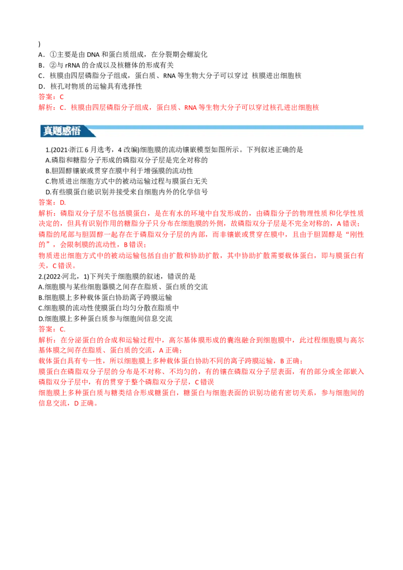 第5讲细胞膜和细胞核（讲义）（教师版）_2024年新高考资料_1.2024一轮复习_2024年高考生物一轮复习讲练测（新教材新高考）