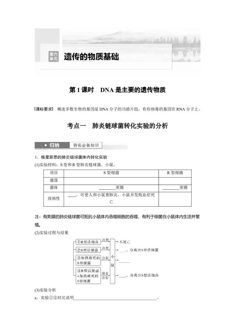 第6单元　第1课时　DNA是主要的遗传物质_2024年新高考资料_1.2024一轮复习_2024年高考生物一轮复习讲义（新人教版）_学生版在此文件夹_大一轮复习讲义_第六单元　遗传的物质基础