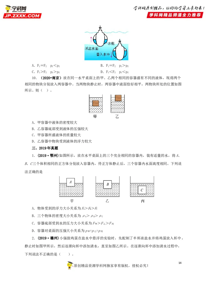 专项二压强、浮力综合（原卷版）_8、物理总复习_8.中考物理总复习_2022年中考复习资料_三年（2019-2021）中考真题物理分项汇编（全国通用）