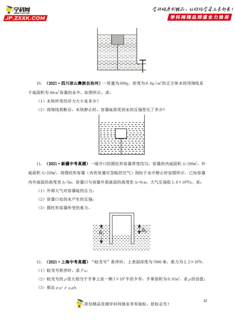 专项二压强、浮力综合（原卷版）_8、物理总复习_8.中考物理总复习_2022年中考复习资料_三年（2019-2021）中考真题物理分项汇编（全国通用）
