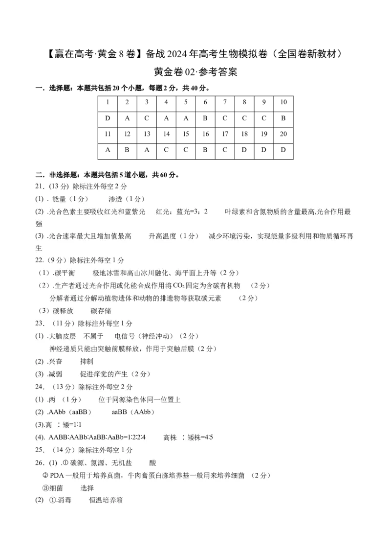 黄金卷02（新教材单科）-赢在高考&middot;黄金8卷备战2024年高考生物模拟卷（全国卷专用）（参考答案）_2024年新高考资料_4.2024高考模拟预测试卷