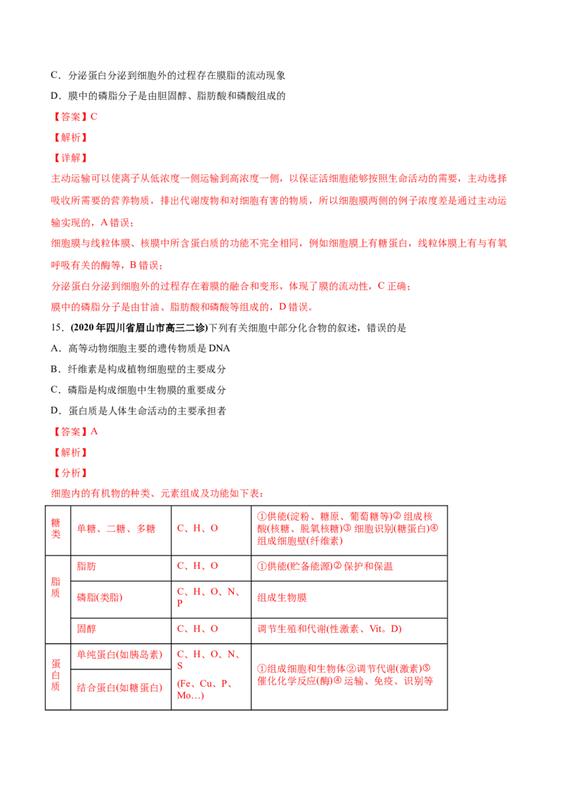 专题01细胞的组成与结构-2020年高考真题和模拟题生物分项汇编（教师版含解析）_新高考复习资料_2022年新高考复习资料_2022年一轮复习最新版_1.2022年高考生物一轮复习全国通用版