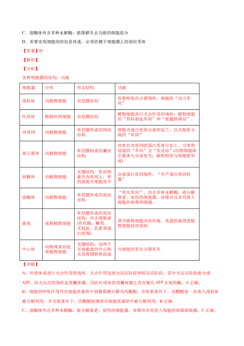专题01细胞的组成与结构-2020年高考真题和模拟题生物分项汇编（教师版含解析）_新高考复习资料_2022年新高考复习资料_2022年一轮复习最新版_1.2022年高考生物一轮复习全国通用版