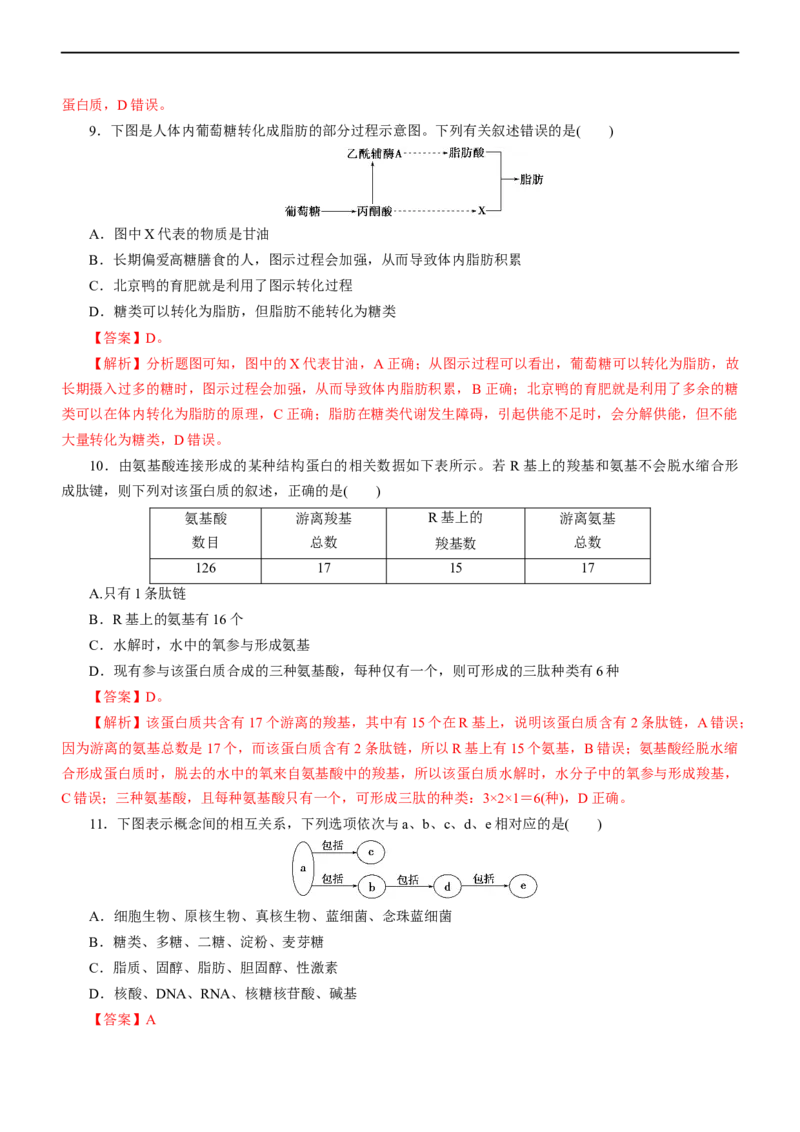 专题01细胞的分子组成（测试卷）-2023年高考生物二轮复习讲练测（解析版）_通用版（老高考）复习资料_2023年复习资料_二轮复习_2023年高考生物二轮复习讲练测（全国通用）