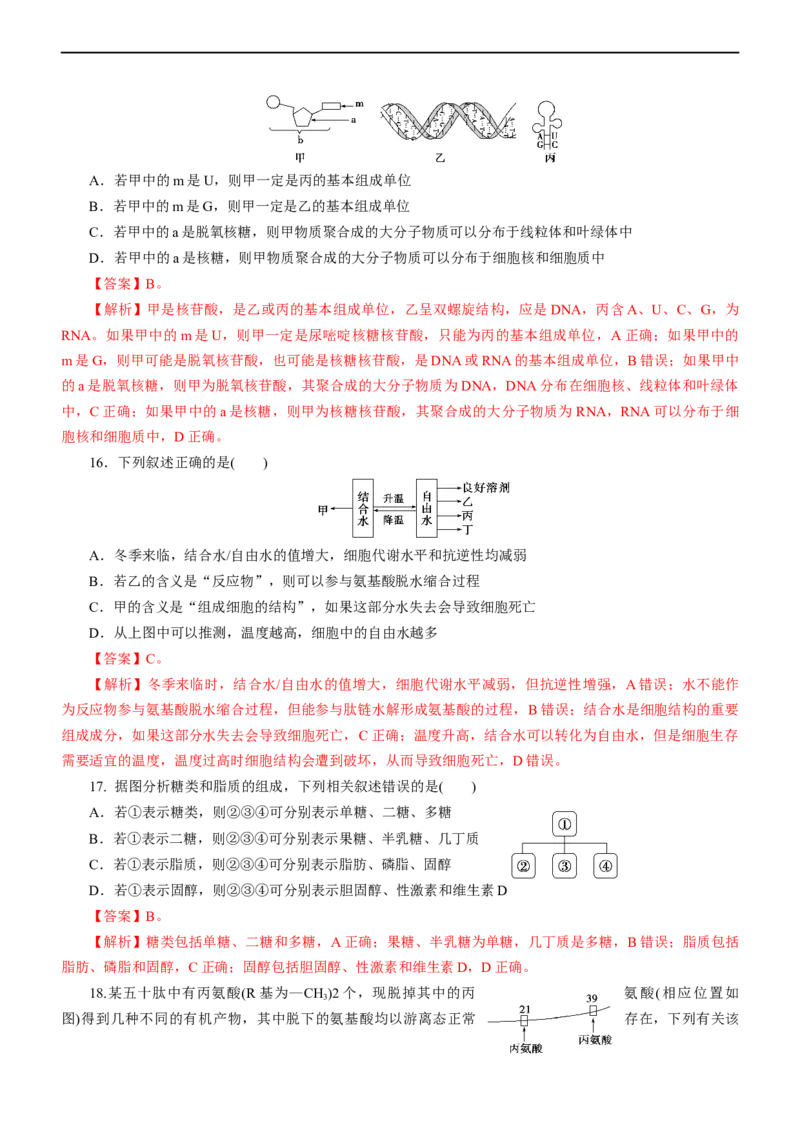 专题01细胞的分子组成（测试卷）-2023年高考生物二轮复习讲练测（解析版）_通用版（老高考）复习资料_2023年复习资料_二轮复习_2023年高考生物二轮复习讲练测（全国通用）