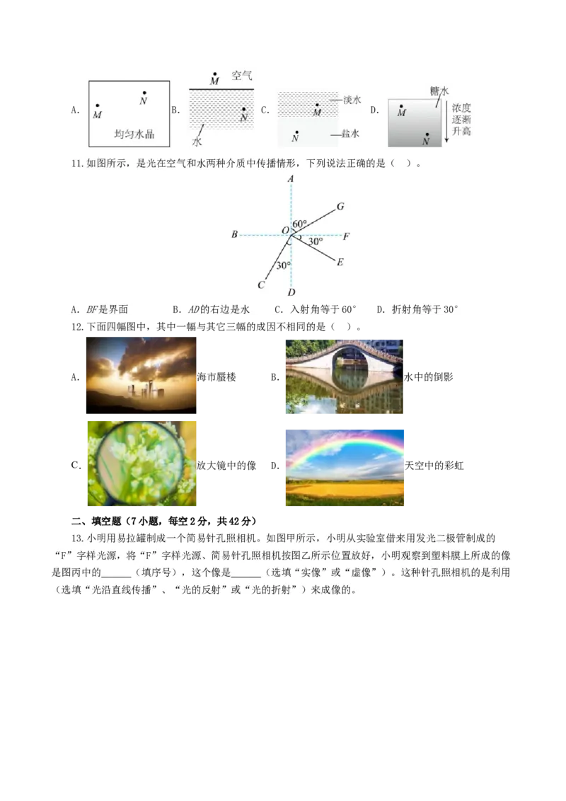 专题02光现象（测试）（原卷版）_8、物理总复习_8.中考物理总复习_2024年中考复习资料_一轮复习资料_完2024年中考物理一轮复习课件+讲义+练习（全国通用）