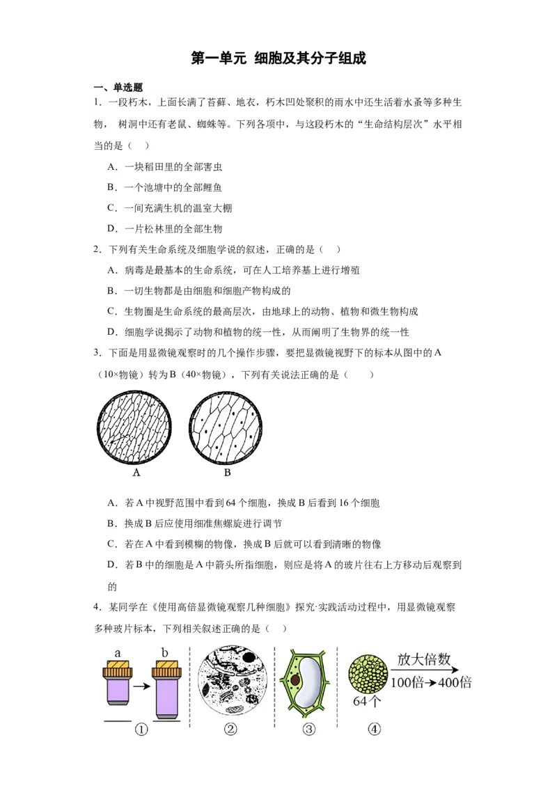 第一单元细胞及其分子组成（测试卷）（原卷版)_2024年新高考资料_3.2024专项复习_备战2024年高考生物一轮复习重难点专项突破