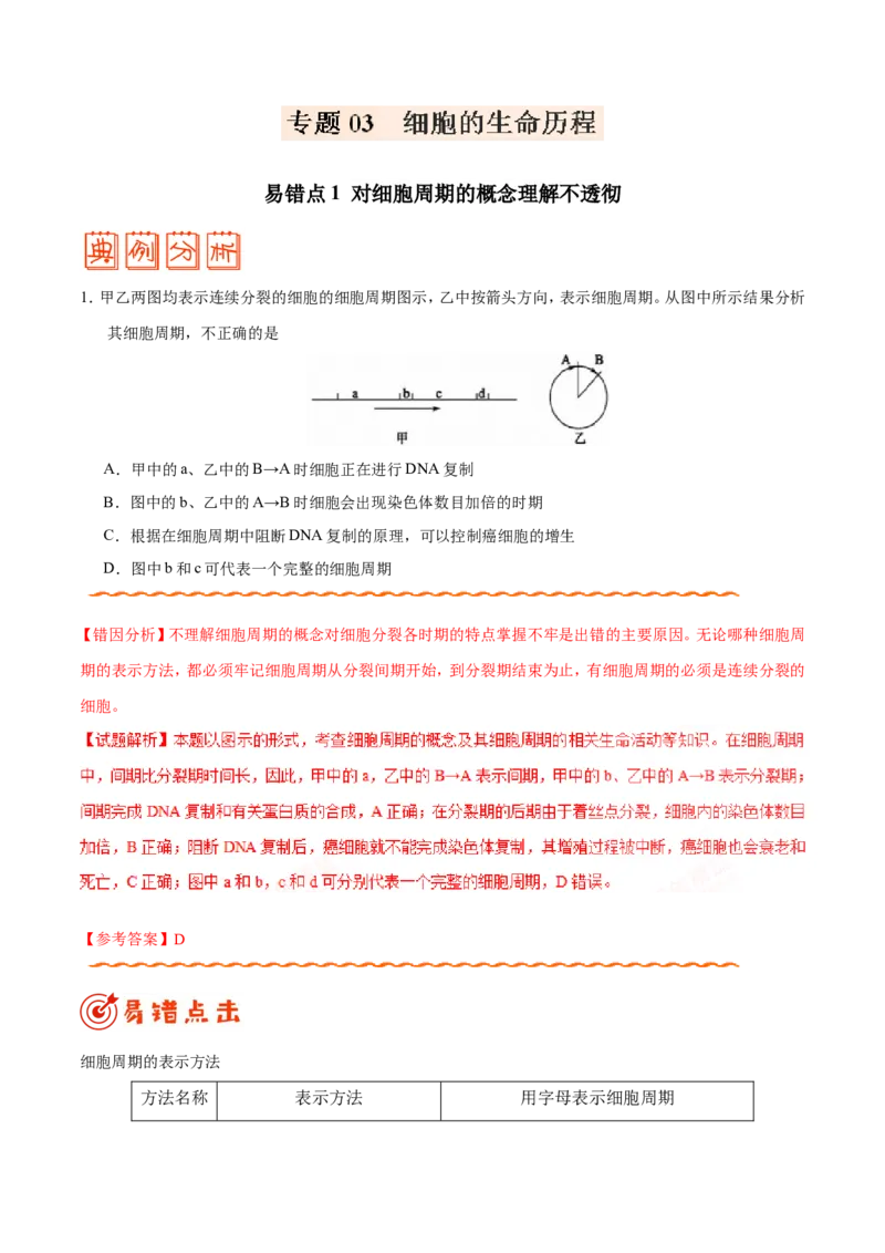 专题03细胞的生命历程-备战2019年高考生物之纠错笔记系列（原卷版）_新高考复习资料_2022年新高考复习资料_2022年一轮复习最新版_1.2022年高考生物一轮复习全国通用版_原卷版