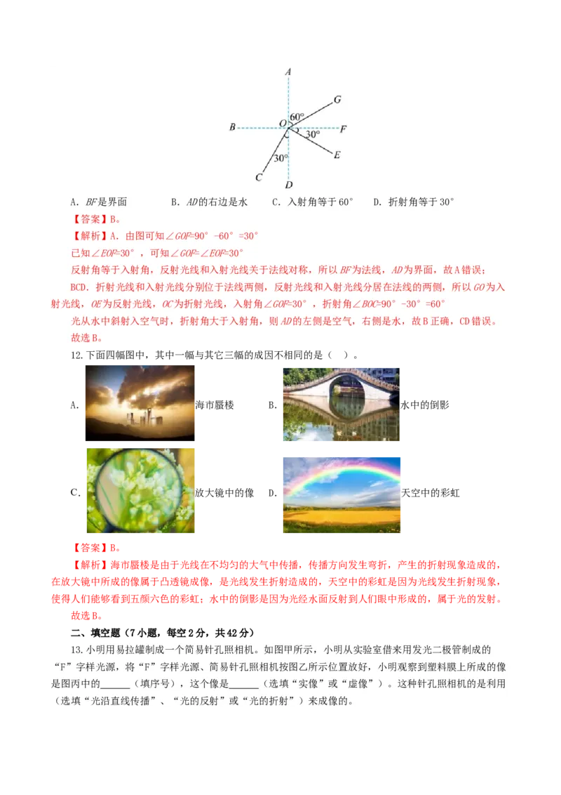 专题02光现象（测试）（解析版）_8、物理总复习_8.中考物理总复习_2024年中考复习资料_一轮复习资料_完2024年中考物理一轮复习课件+讲义+练习（全国通用）_教师版（含答案解析）