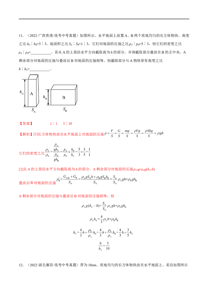 专题06压强之固体压强（解析版）_8、物理总复习_8.中考物理总复习_2023年中考复习资料_二轮复习_备战2023年中考物理二轮四大模块针对集训（全国通用）_模块一力学