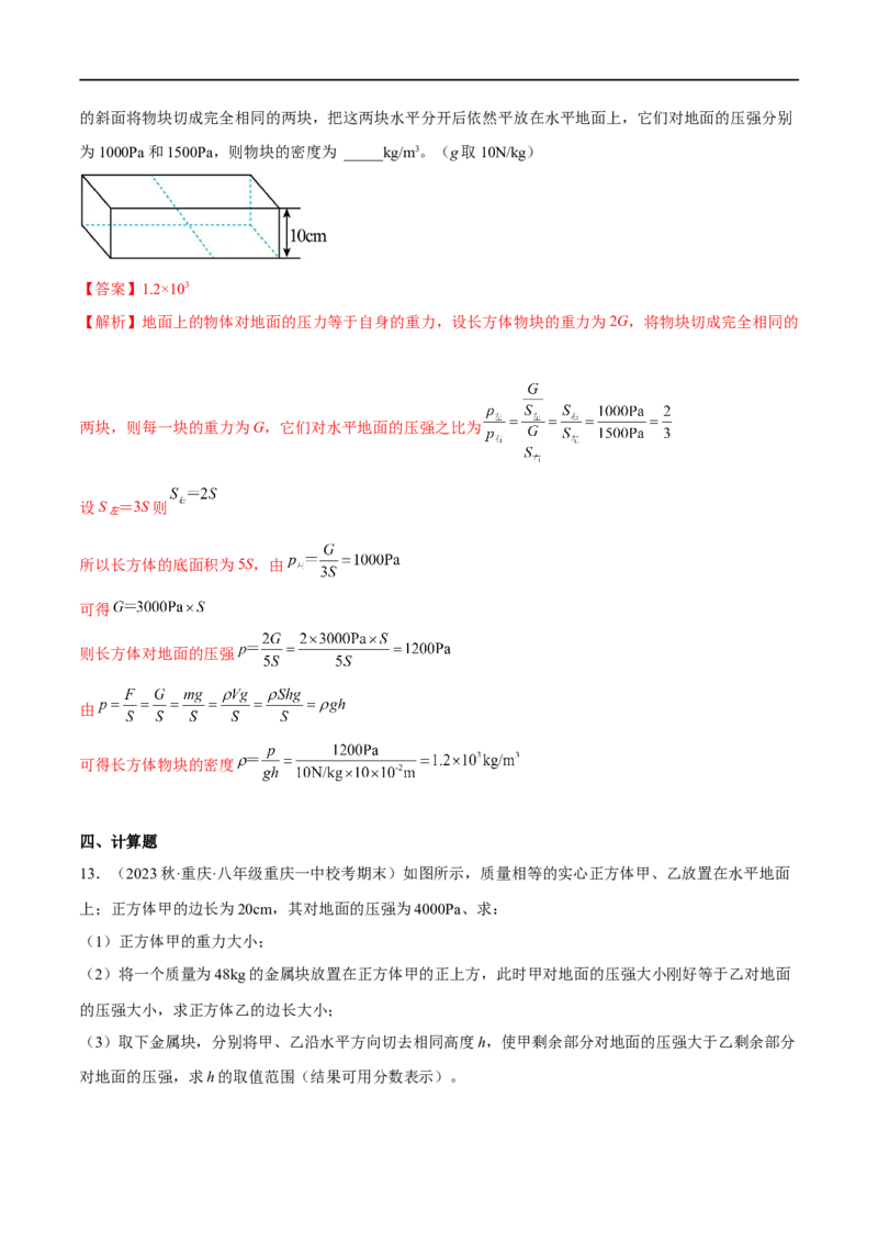 专题06压强之固体压强（解析版）_8、物理总复习_8.中考物理总复习_2023年中考复习资料_二轮复习_备战2023年中考物理二轮四大模块针对集训（全国通用）_模块一力学