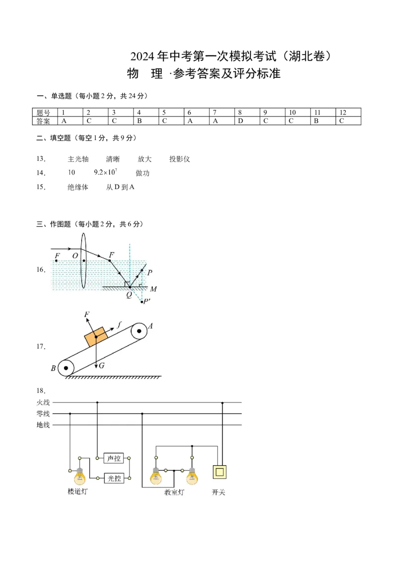物理（湖北卷，新省统考）（参考答案及评分标准）_8、物理总复习_2024中考模拟题物理_一模_物理（湖北卷，新省统考）-2024年中考第一次模拟考试_2024中考物理一模（湖北卷，新省统考）
